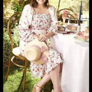 NEW Draper James RSVP smocked floral linen blend long sleeve midi dress